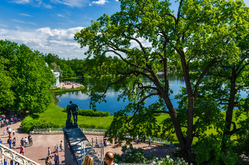 Summer Landscape Park in Russia. Courtyard garden of the Catherine Palace with green lawns and...