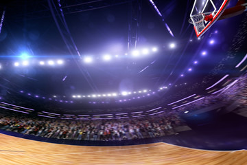 Basketball court wide view. all cort in a little motion blur. blue toning