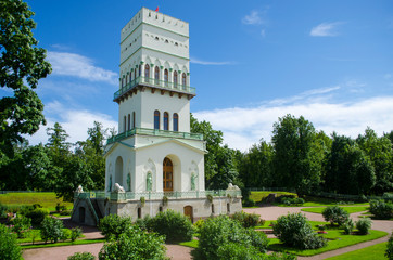 A historic white stone building in a Russian park. Catherine Park in the city of Pushkin.
