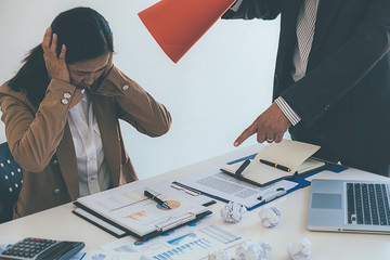 Business Manager blaming employee who getting stressed ,bad work, emotional pressure, mistake in...