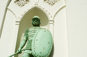 A historic white stone building in a Russian park. Catherine Park in the city of Pushkin.