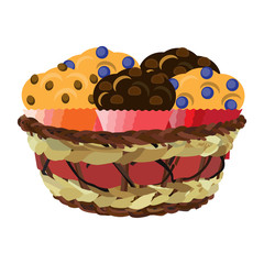 Wicker basket with muffins, vector flat illustration