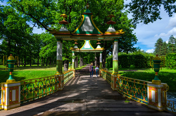 Park bridge over a small river in Chinese style. Catherine Park in the city of Pushkin.