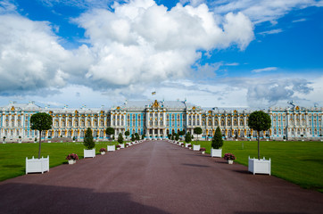 Summer Landscape Park in Russia. Catherine Palace in Pushkin, panoramic view of the parade park.