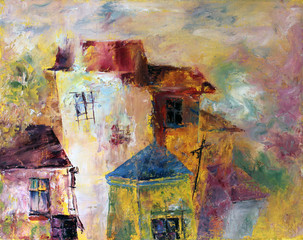 Multicolored oil painting of colorful cute houses
