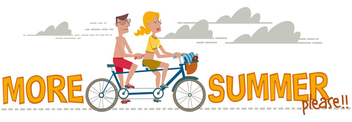 More summer please A retro style illustration with a couple who goes to the beach on a tandem.