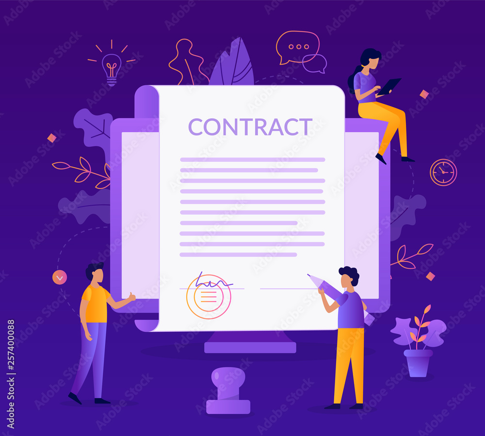 Poster signing a contract for the development of the web site. business concept. flat vector illustration.