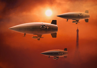 Obraz premium Vintage airship Zeppelin. in the sky. 3d illustration