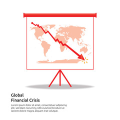 Global financial economic concept with red arrow decrease or drop own. arrow decrease economy stretching rising drop. lost crisis bankrupt declining. loss of income. vector illustration.