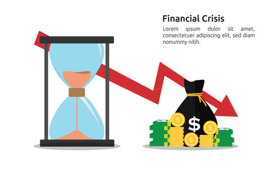 Financial crisis concept with red arrow decrease or drop down. Hourglass as time passing concept for losing much money. Fail investment. Vector illustration.