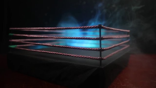 Empty boxing ring with red ropes for match in the stadium arena. Creative artwork decoration. Foggy background with light. Selective focus