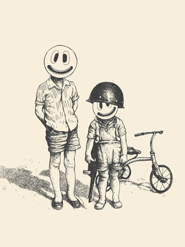 Two boys with emoticons instead of faces. Angry little bikers with retro tricycle. Vector illustration.