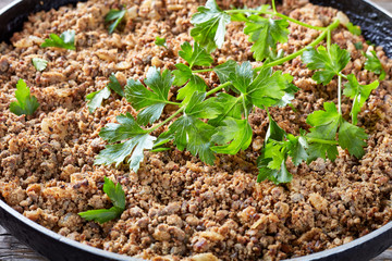 close-up of ground liver with onion filling
