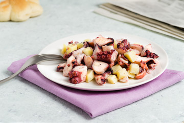 Plate of octopus salad with potatoes on delicate background.