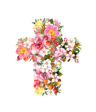 Cross with flowers. Watercolor for Easter design