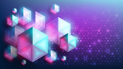 Abstract vector geometric background. Glowing colorful hexagons in the shape of diamonds.  Geometric graphics and connected lines with dots. Scientific and technological concept.