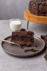 Piece of chocolate cake on plate