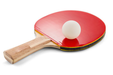 Ping pong paddle and ball isolated on white background with shadows. Selective focus.