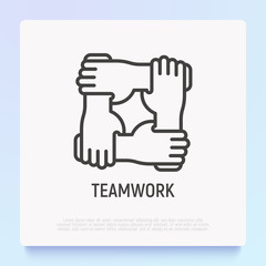 Teamwork thin line icon with gradient: four hands holding together for wrist. Modern vector illustration of partnership symbol.