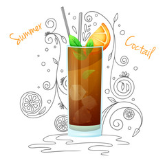 Realistic cocktail on a white background with a doodle, pattern. Vector