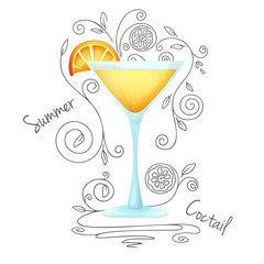 Realistic cocktail on a white background with a doodle, pattern. Vector