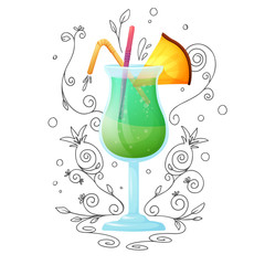 Realistic cocktail on a white background with a doodle, pattern. Vector