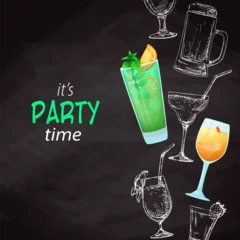 Foto op Plexiglas Background with different cocktails. Drawing chalk on a blackboard. Caption: it's party time. Place on your text. Vector © arkadiwna