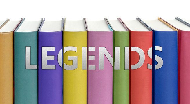 Legends and books in a library - ideas of studying, learning and reading pictured as colorful books on white background with english word as a title, 3d illustration