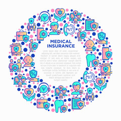 Medical insurance concept in circle thin line icons: policy, life insurance, psychological support, maternity program, 24/7 support, mobile app, telemedicine. Vector illustration for print media.