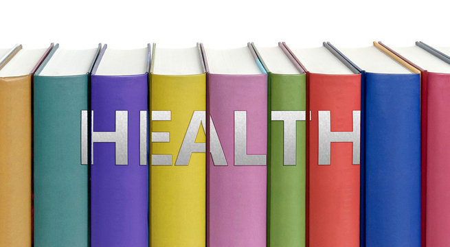 Health and books in a library - ideas of studying, learning and reading pictured as colorful books on white background with english word as a title, 3d illustration