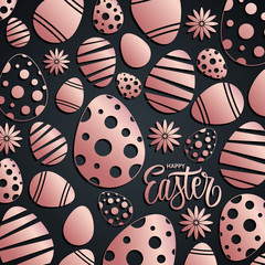 Happy Easter celebrate card with handwritten easter holiday greetings and rose gold easter eggs. Vector illustration.