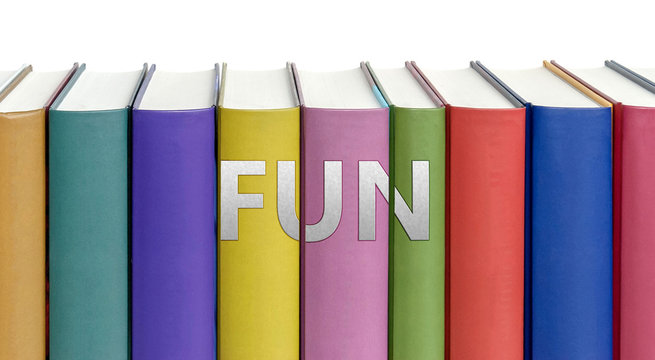 Fun and books in a library - ideas of studying, learning and reading pictured as colorful books on white background with english word as a title, 3d illustration