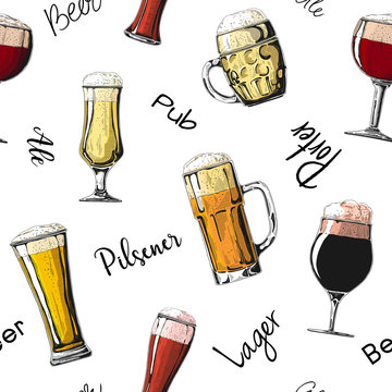 Seamless pattern with different glasses with beer, different mugs of beer. Vector illustration