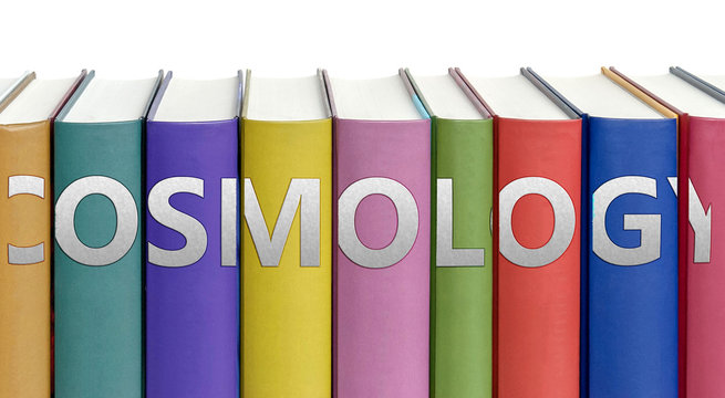 Cosmology and books in a library - ideas of studying, learning and reading pictured as colorful books on white background with english word as a title, 3d illustration