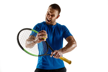 Stressed tennis player throwing and breaking a racket in anger and rage at court. Human emotions,...