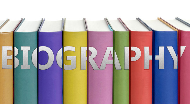 Biography and books in a library - ideas of studying, learning and reading pictured as colorful books on white background with english word as a title, 3d illustration