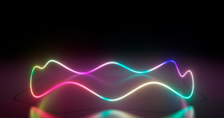 3d rendering. Neon curves in the form of geometric shapes on a black background with reflection on the floor. Bright scene