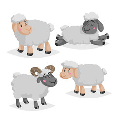 Cute sheeps and rams in various poses. Cartoon style farm animals.  Slleeping and standing animals. Best for kid education. Vector illustration isolated on white background.