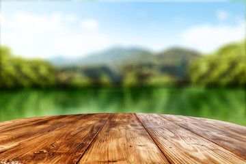 Desk of free space for your decoration and spring blurred background 