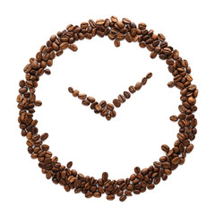 Clock made of roasted coffee beans. Coffee time concept.
