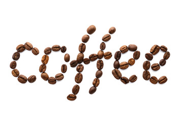 Word coffee made of roasted coffee beans. Food lettering.