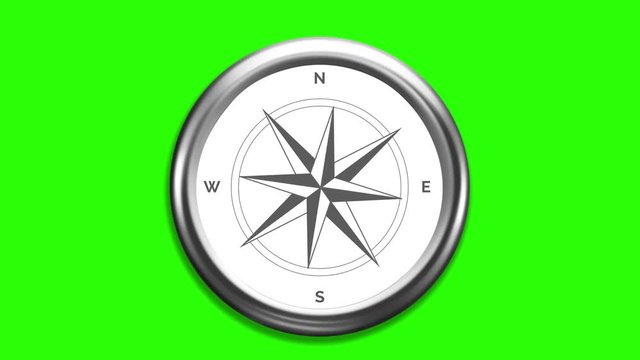 Wind rose compass with spinning pointers on green screen. 4K