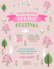 Spring festival announcing poster template with invitation text, flowers and cute rabbits.