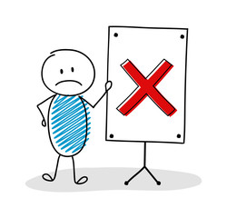 Business cartoon person with whiteboard and x mark icon. Vector