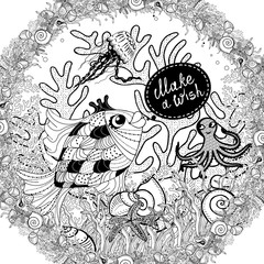 fairy goldfish zen art doodle vector illustration with lettering. make a wish.  Underwater world with octopus, coral, sea plants, jellyfish and sea garland
