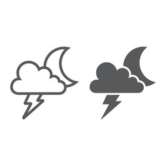Cloud and lightning line and glyph icon, forecast and climate, thunder sign, vector graphics, a linear pattern on a white background.