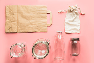 Set of jars and paper bag for zero waste storage and shopping.
