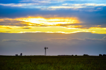 Windmill in the field, at sunset, Pampas, Argentina