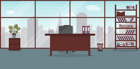 Interior of working place in the modern office.Large window with city landscape with skyscrapers.Vector illustration. Furniture: table, chair, cabinet,folders,books,monstera,bin. For advertising,sites