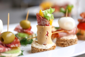 Tasty canapes on plate, closeup